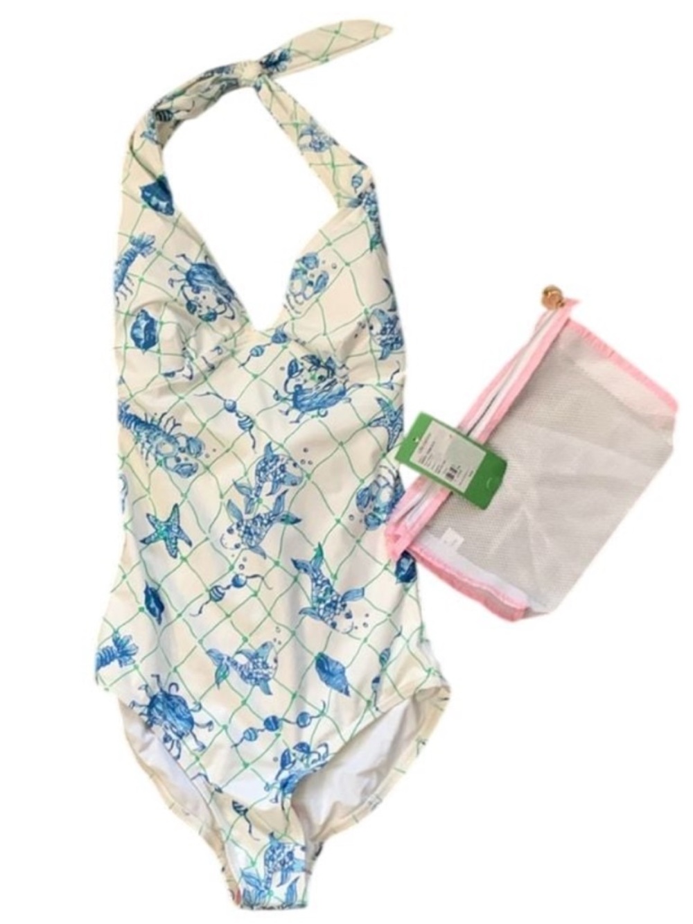 Lilly Pulitzer Sea Critter Blue White Tally 1 piece Swimsuit 0 XS New Mesh bag